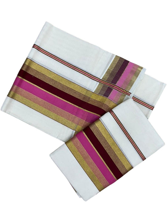 Southloom Pure Cotton Set Mundu with Gold Kasavu and Pink & Maroon Border in 2.80 Mtrs
