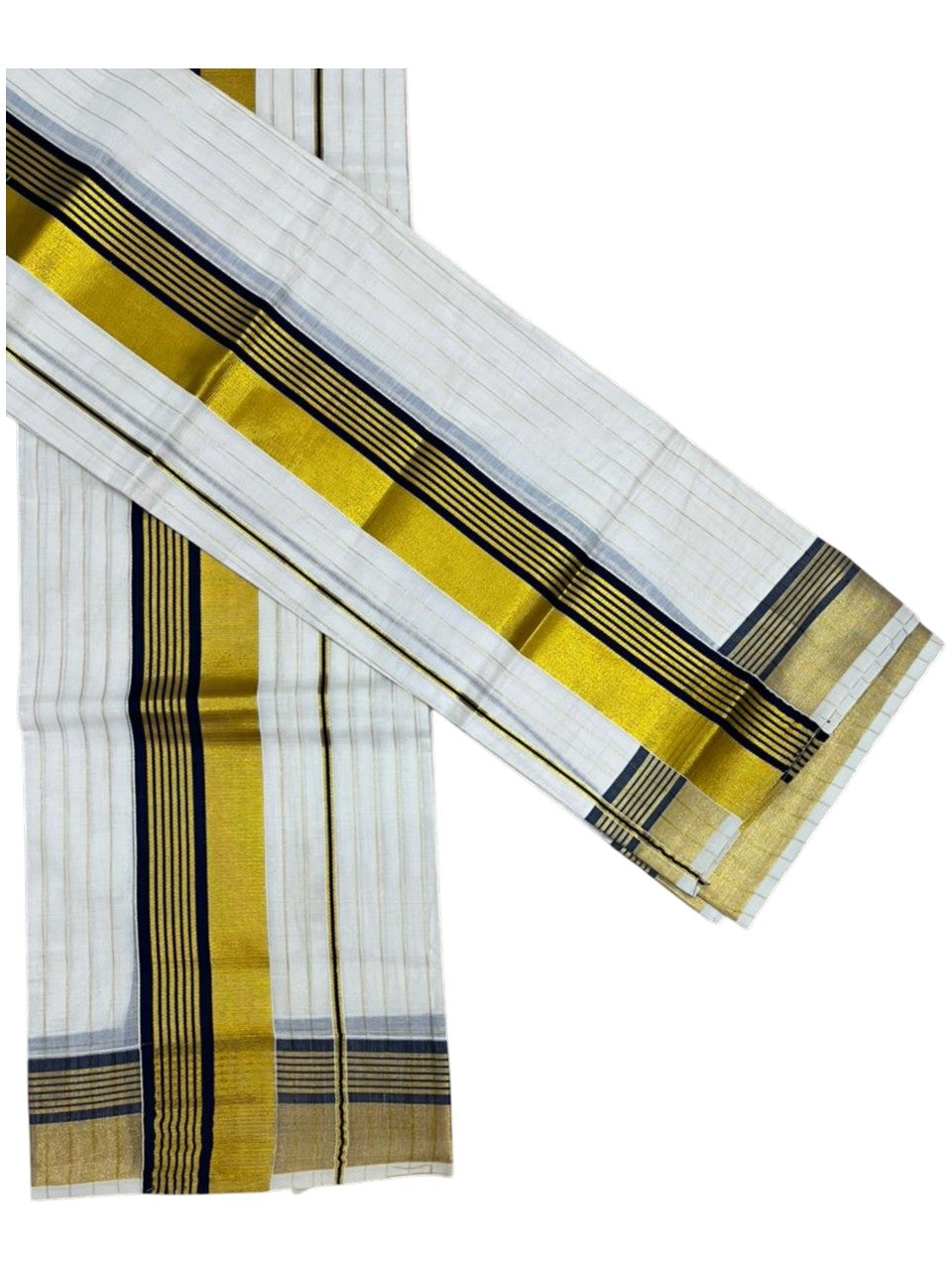 Southloom Pure Cotton Set Mundu with Stripes on Body with Gold Kasavu and Blue Border in 2.80 Mtrs