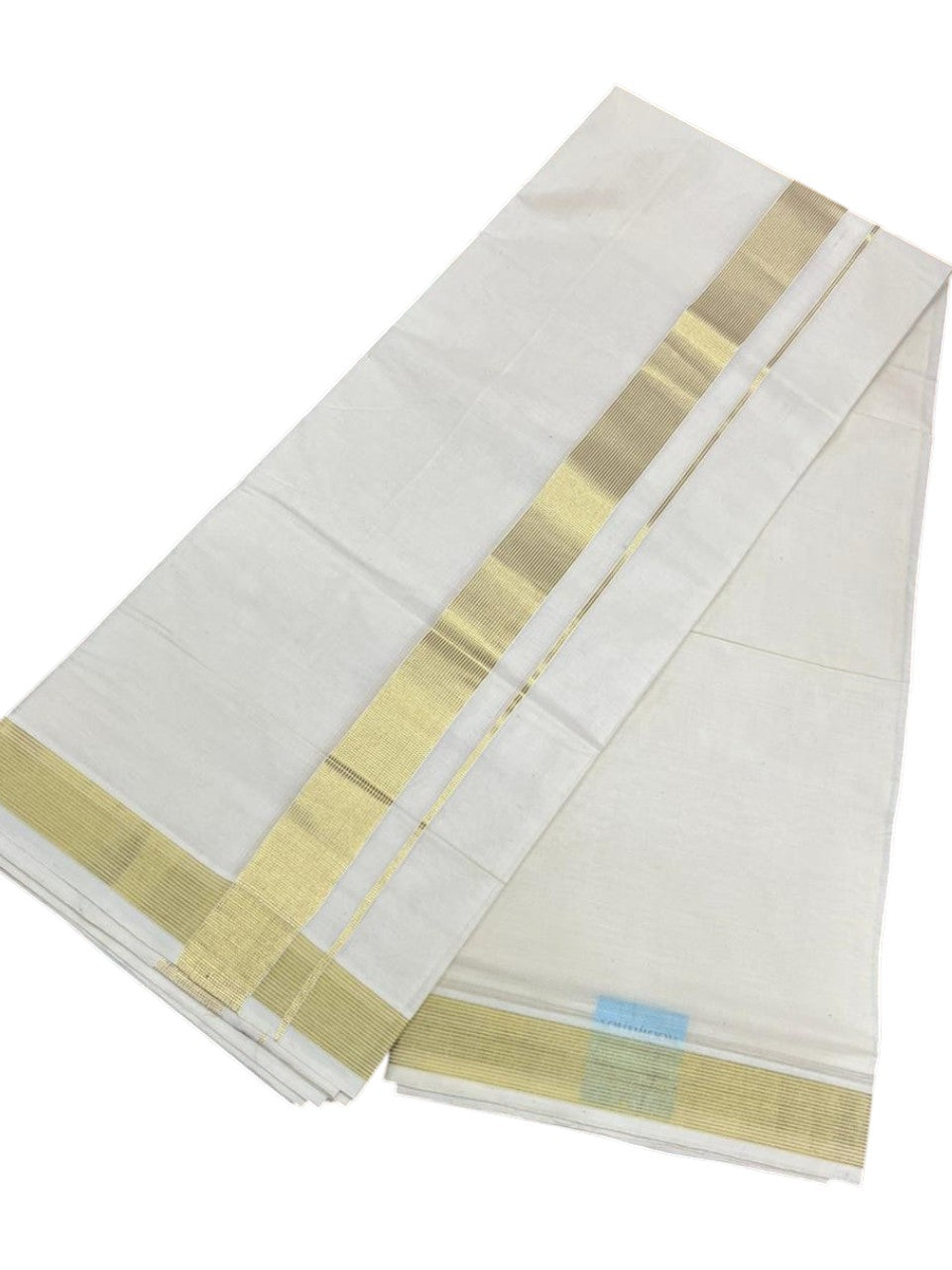 Southloom Pure Cotton Off White Double Mundu with Gold Kasavu Lines Border (South Indian Kerala Dhoti)