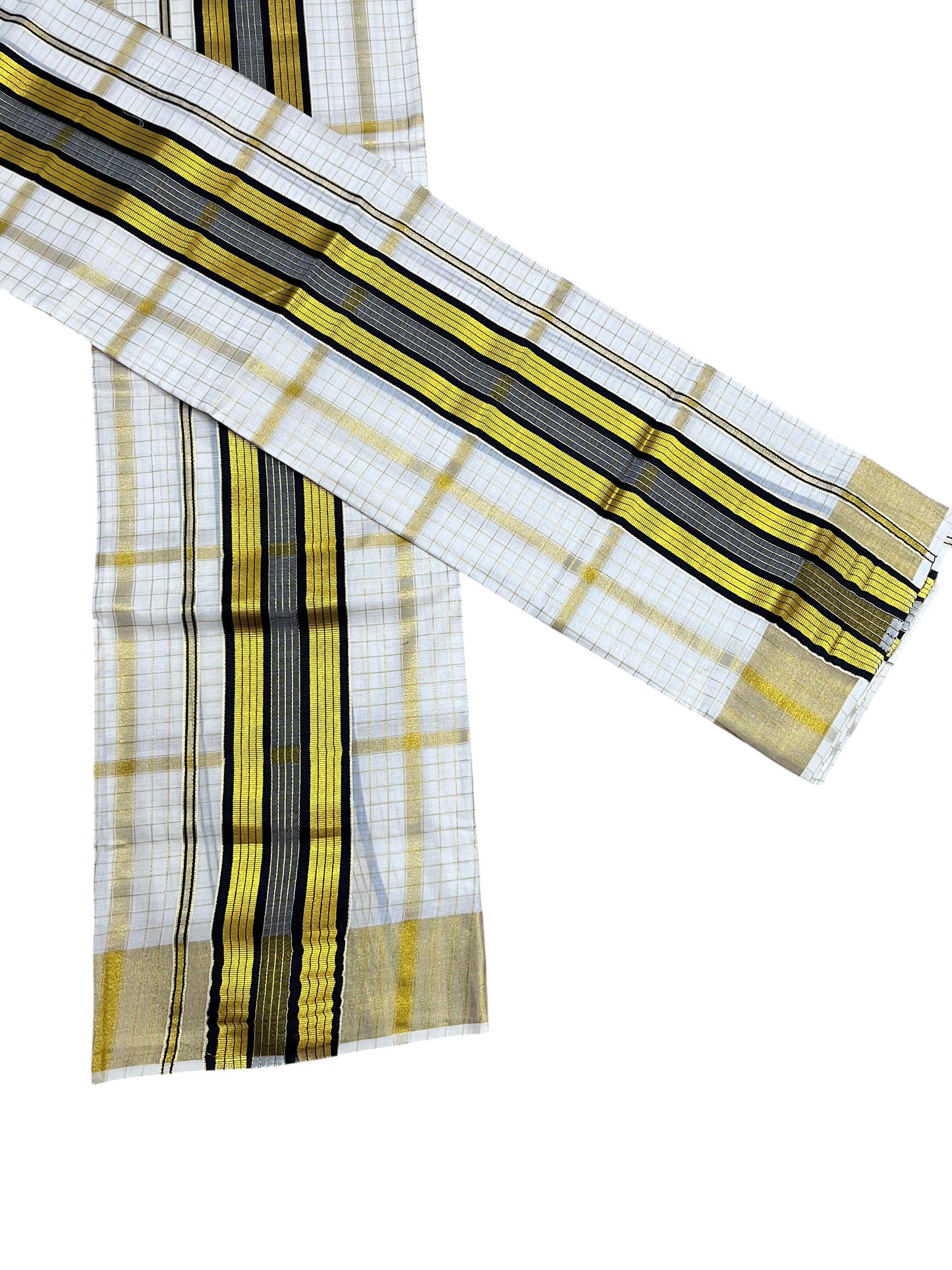 Southloom Pure Cotton Set Mundu with Gold Kasavu Check Across Body in Black SL399