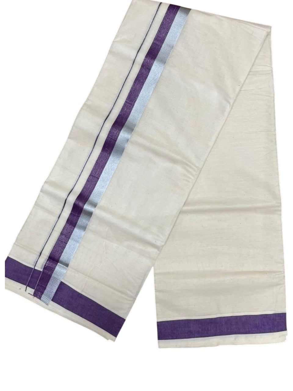 Southloom Kerala Pure Cotton Double Mundu with Purple And Silver Border (South Indian Dhoti)