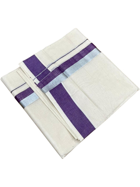 Southloom Kerala Pure Cotton Double Mundu with Purple And Silver Border (South Indian Dhoti)
