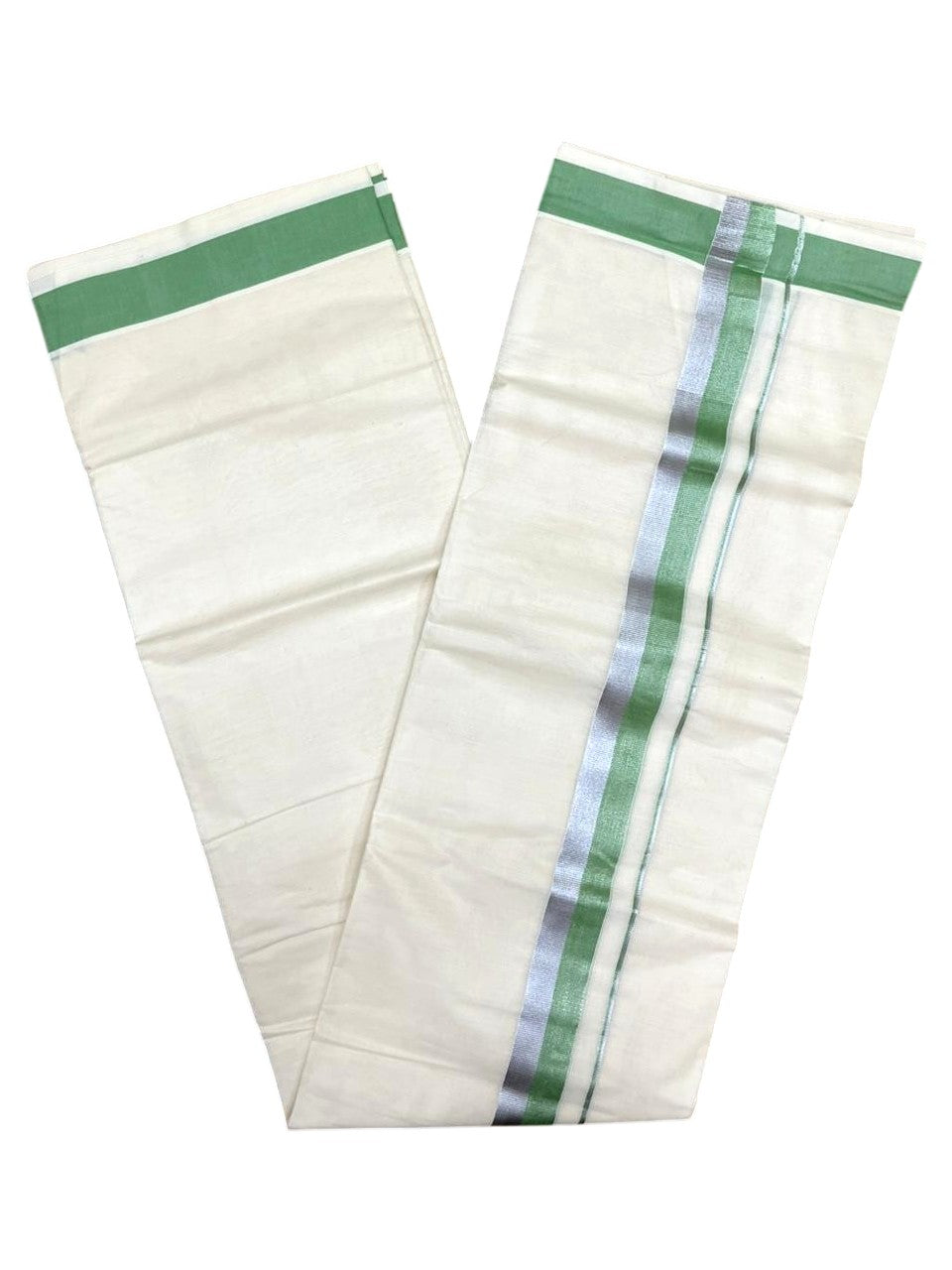 Southloom Kerala Pure Cotton Double Mundu with Green And Silver Border (South Indian Dhoti)