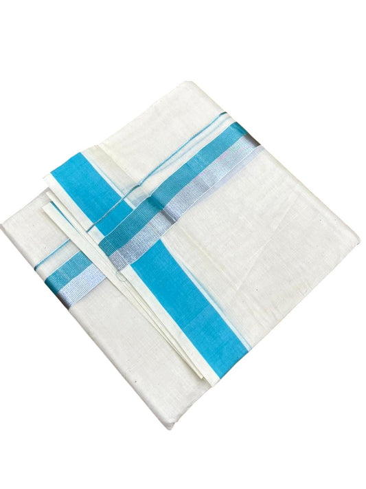 Southloom Kerala Pure Cotton Double Mundu with Blue And Silver Border (South Indian Dhoti)