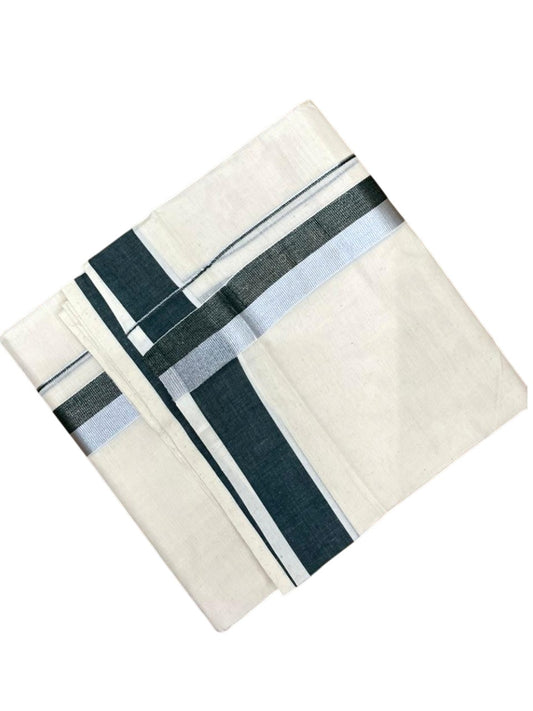 Southloom Kerala Pure Cotton Double Mundu with Green And Silver Border (South Indian Dhoti)