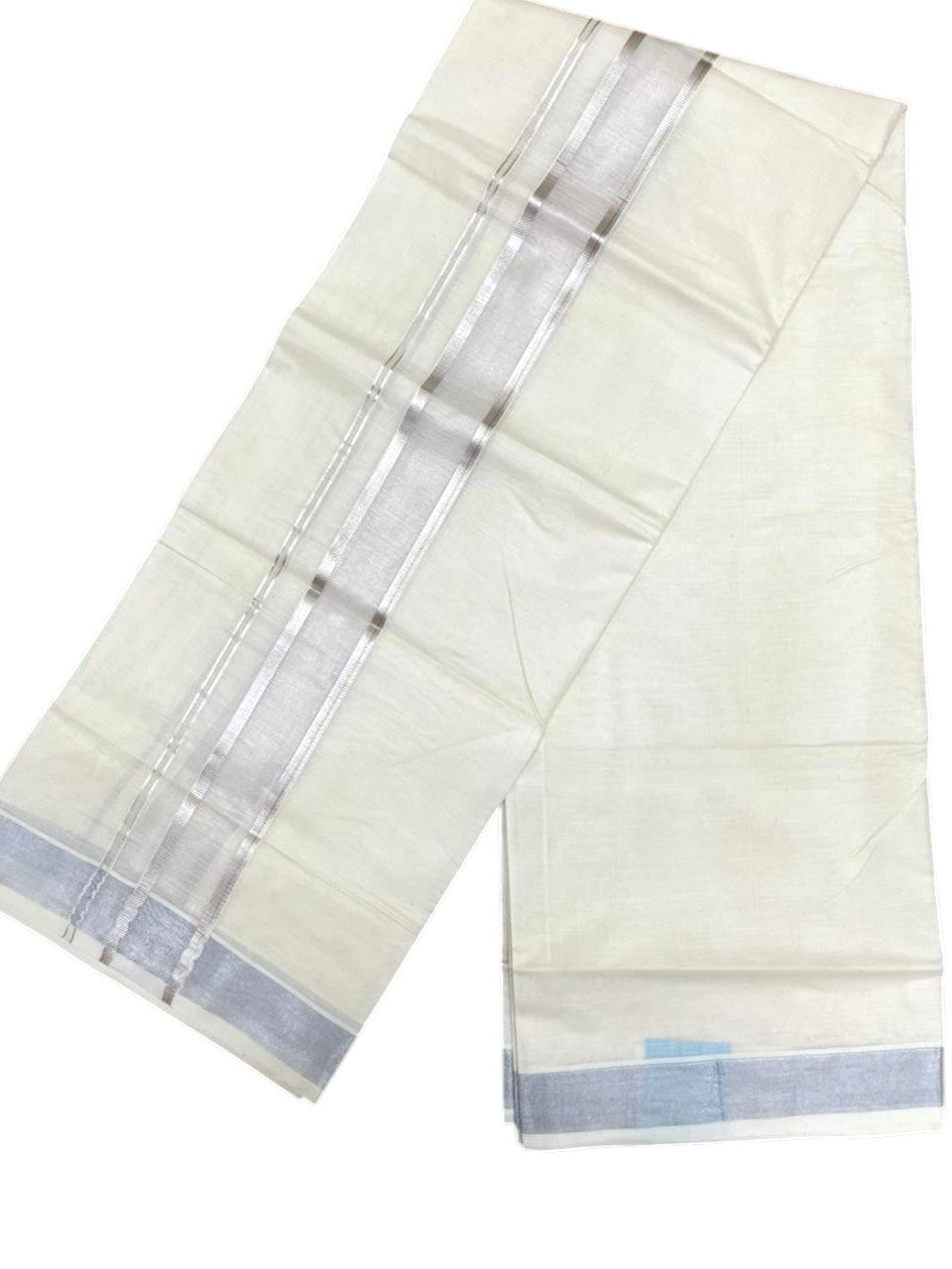 Southloom Kerala Pure Cotton Double Mundu with Silver Lines and Silver Border (South Indian Dhoti)
