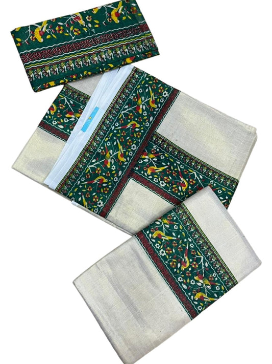Southloom Tissue Single Set Mundu (Mundu Neriyathum) With Digital Print in Green (With Blouse Piece) 2.80 Mtrs SL409