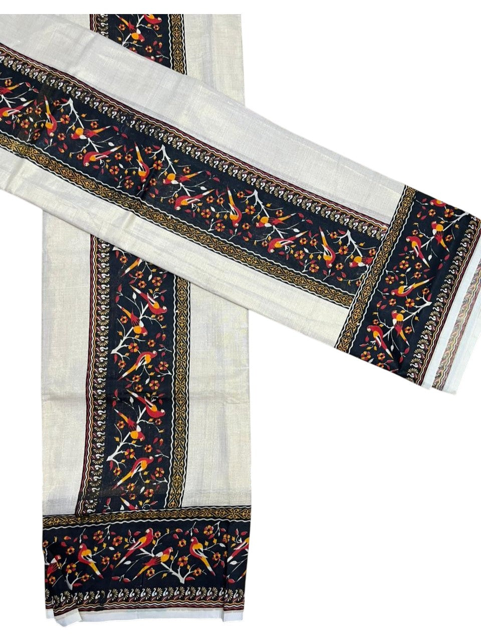Southloom Tissue Single Set Mundu (Mundu Neriyathum) With Digital Print in Black (With Blouse Piece) 2.80 Mtrs SL409