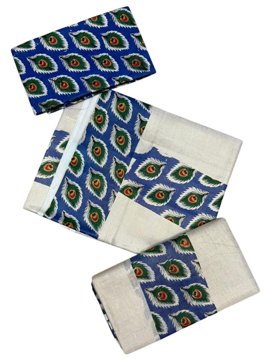 Southloom Tissue Single Set Mundu (Mundu Neriyathum) With Peacock Feather Digital Print in Blue (With Blouse Piece) 2.80 Mtrs SL409