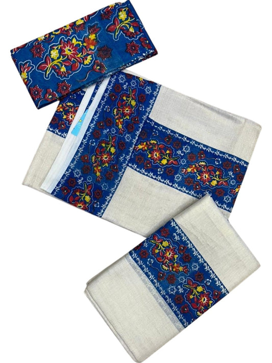 Southloom Tissue Single Set Mundu (Mundu Neriyathum) With Digital Print in Blue (With Blouse Piece) 2.80 Mtrs SL409