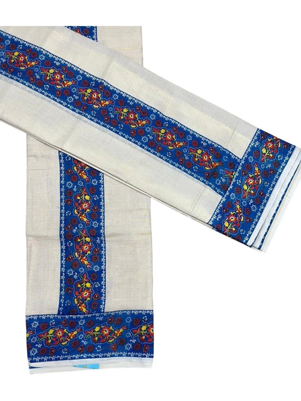 Southloom Tissue Single Set Mundu (Mundu Neriyathum) With Digital Print in Blue (With Blouse Piece) 2.80 Mtrs SL409
