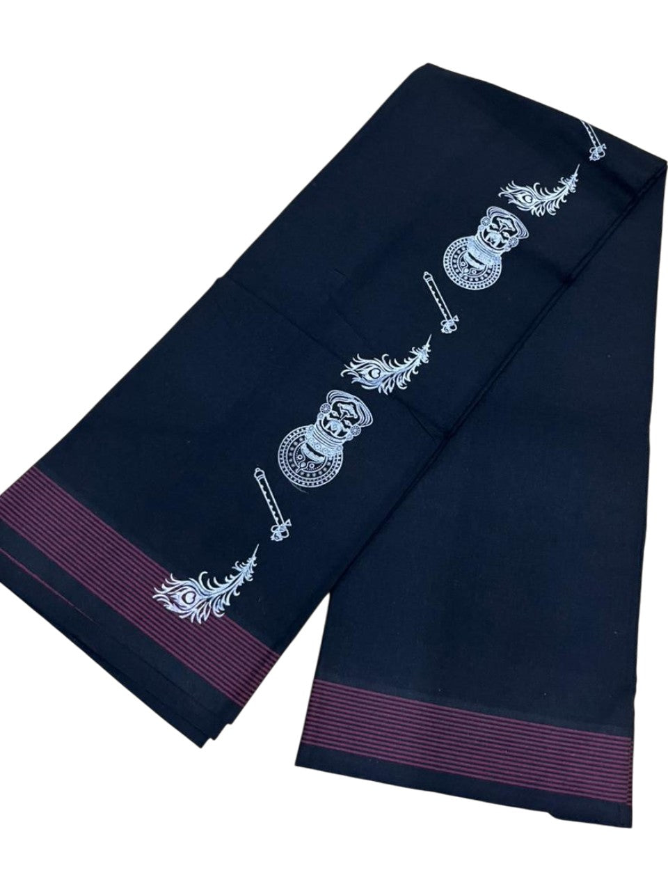 Southloom Black Printed Single Mundu / Otta Mundu / Lungi (South Indian Kerala Dhoti)