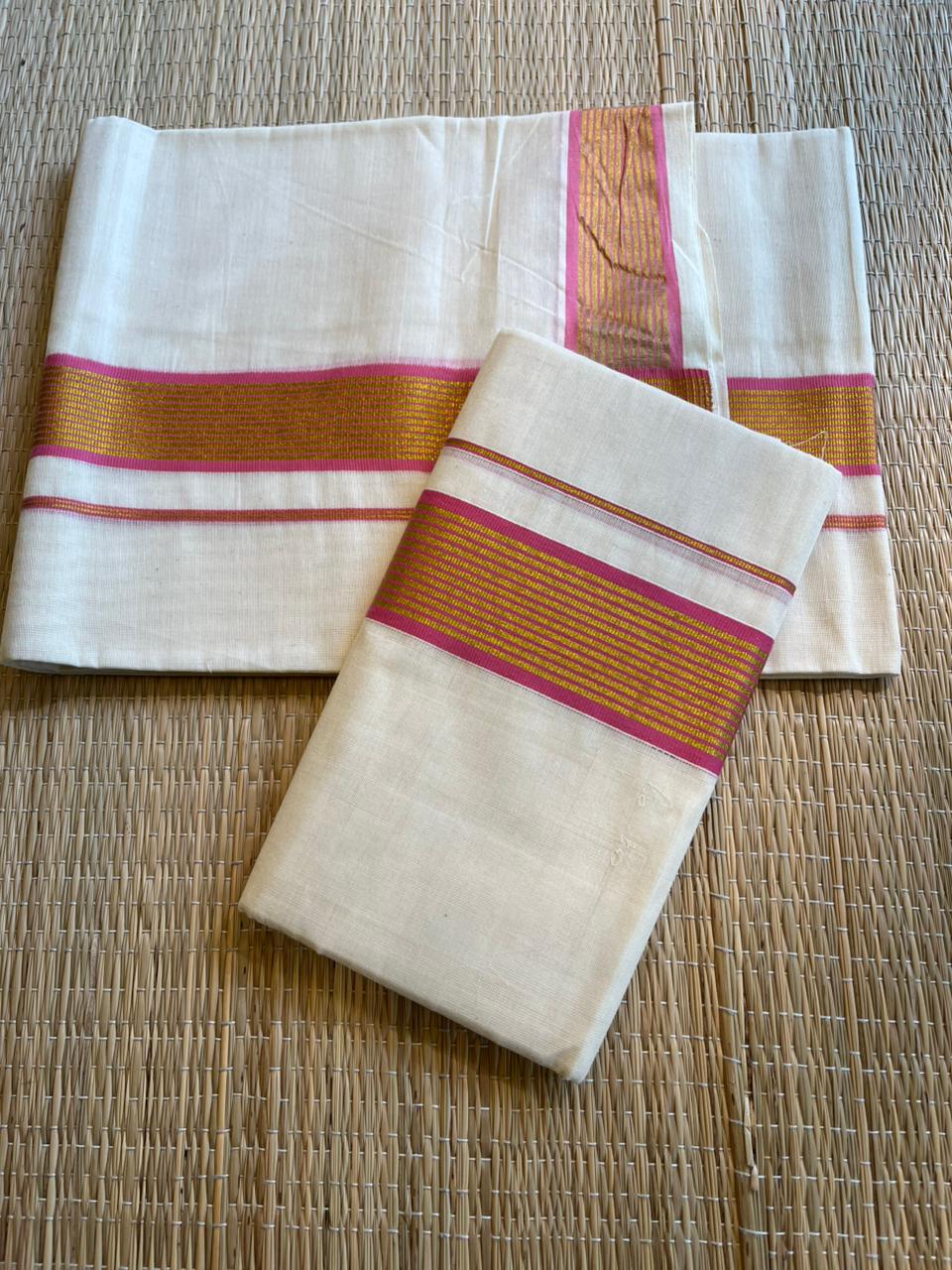 Kerala Cotton Single Set Mundu With Pink And Golden Kasavu Border (2.80 mtrs) SL413