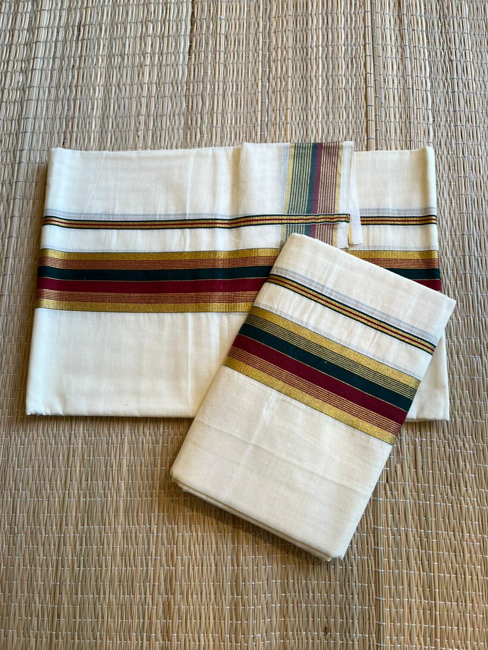 Kerala Cotton Golden Kasavu With Green & Maroon Kara Single Set Mundu (2.80 mtrs) SL420