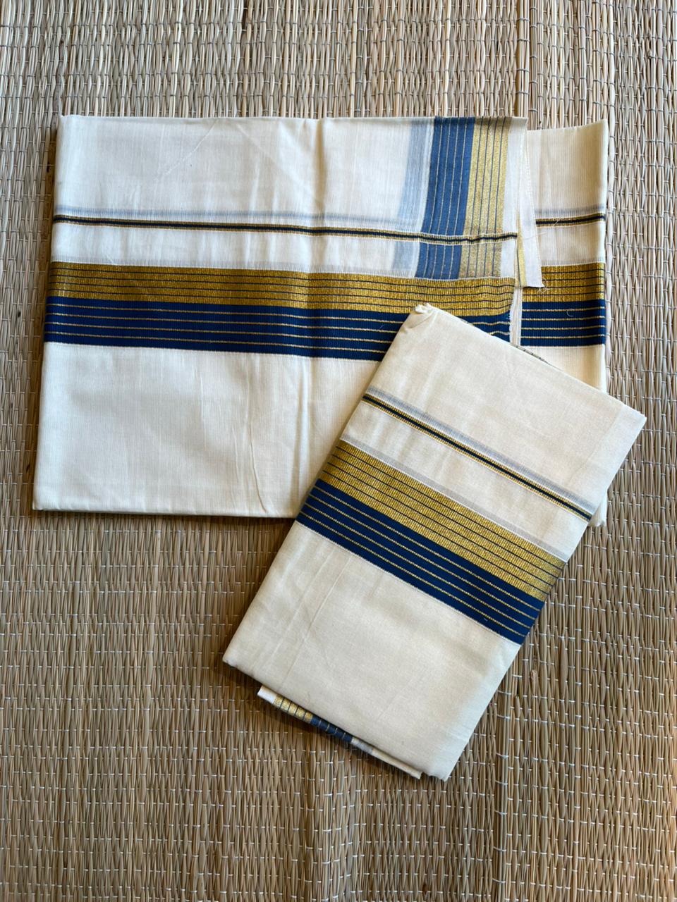Kerala Cotton Golden Kasavu With Blue Colour Kara Single Set Mundu (2.80 mtrs) SL421
