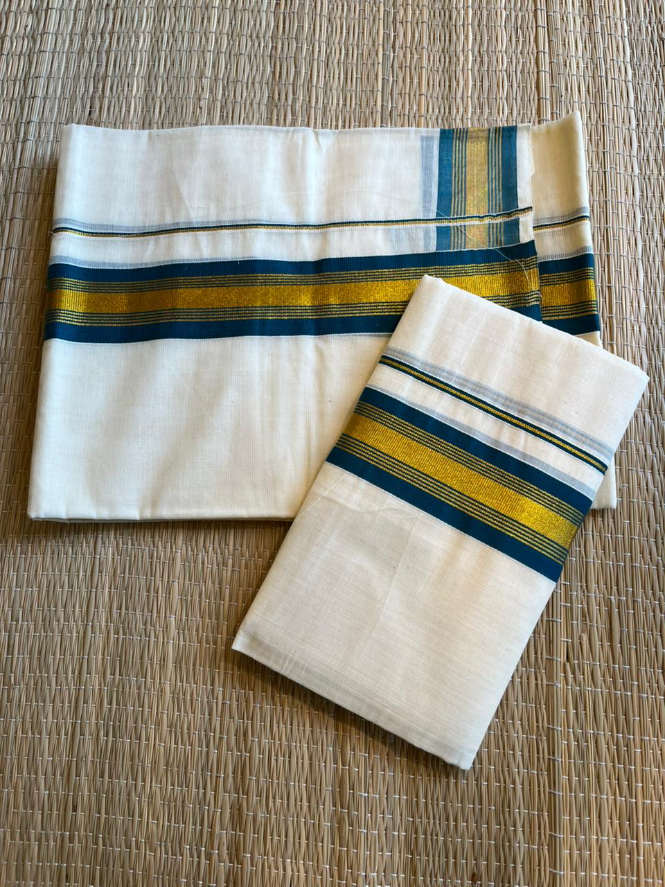 Kerala Cotton Blue Colour Kara With Golden Kasavu Single Set Mundu (2.80 mtrs) SL422