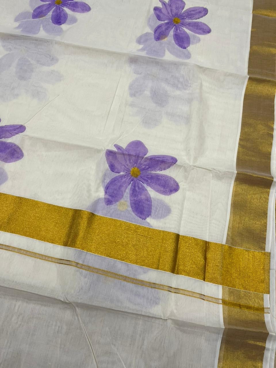 Southloom Cotton Kerala Kasavu Saree with Floral Digital Print on Body in Lavender SL476