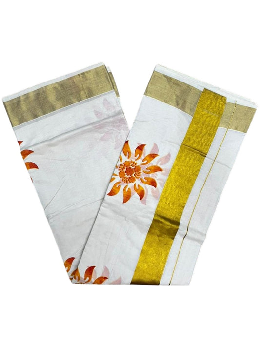 Southloom Cotton Kerala Kasavu Saree with Floral Digital Print on Body