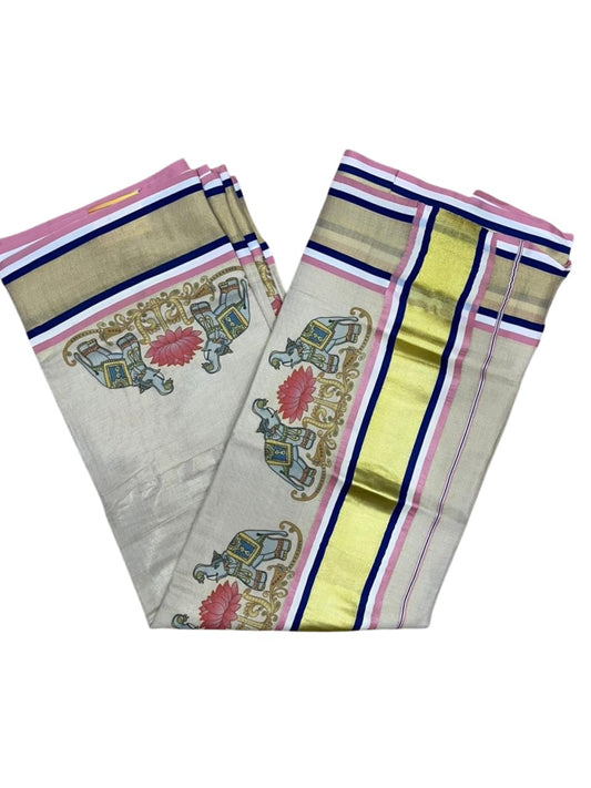 Southloom Kerala Tissue Kasavu Saree with Elephant and Lotus Digital Prints on Border SL428