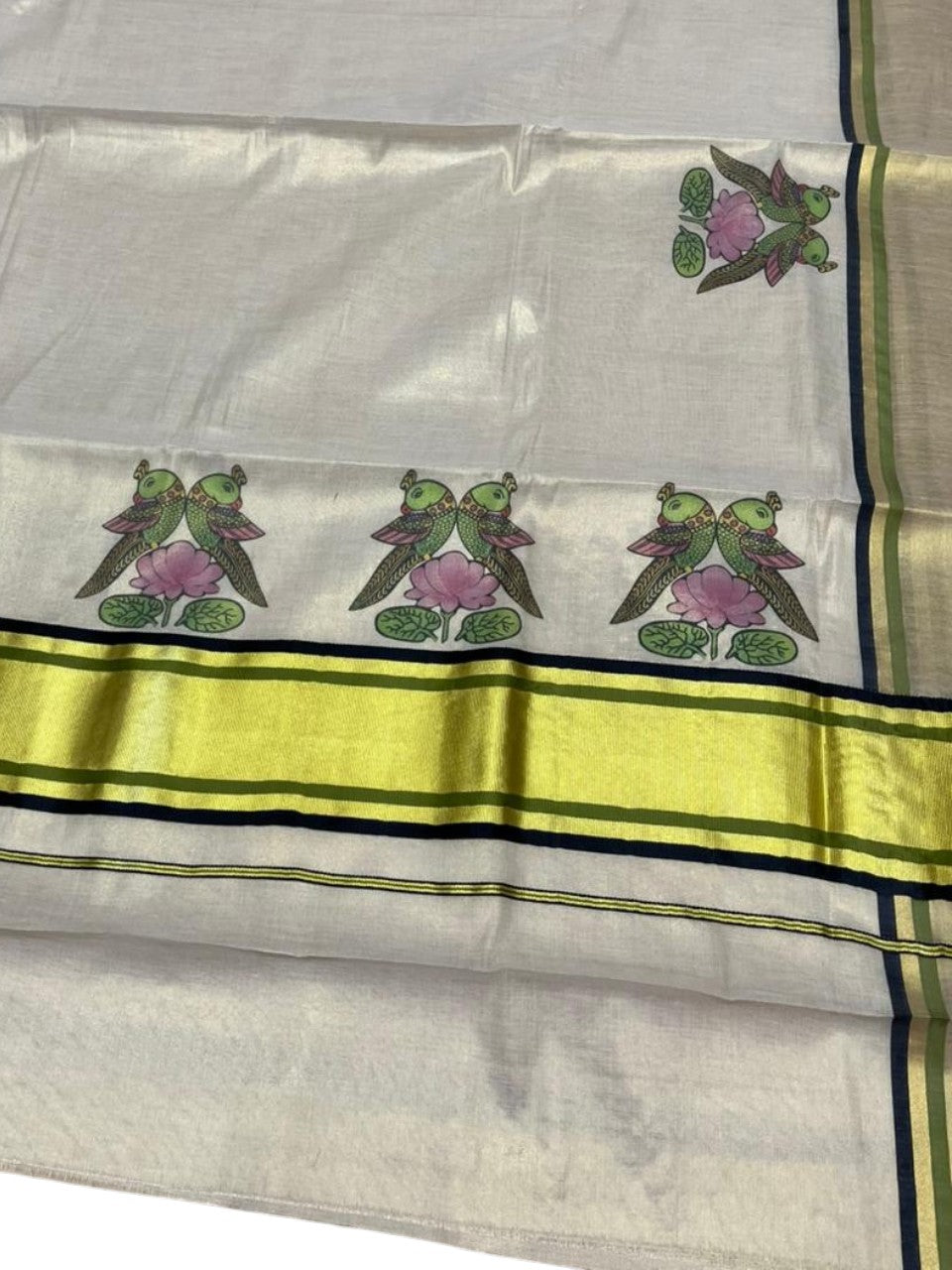 Southloom Kerala Tissue Kasavu Saree with Parrot and Lotus Digital Prints on Border SL428