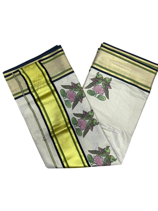 Southloom Kerala Tissue Kasavu Saree with Parrot and Lotus Digital Prints on Border SL428