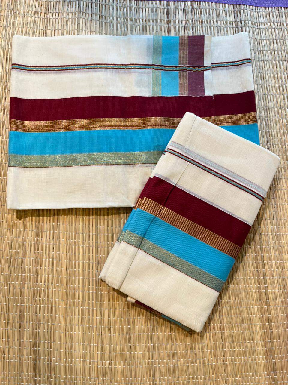Kerala Cotton Blue & Maroon Kara With Golden Kasavu Single Set Mundu (2.80 mtrs) SL426