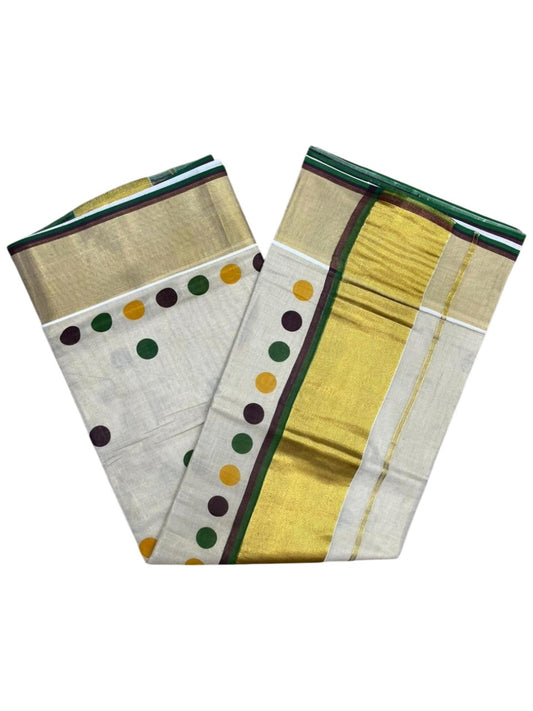 Southloom Kerala Tissue Kasavu Saree with Polka Dots on Body in Green and Brown SL429