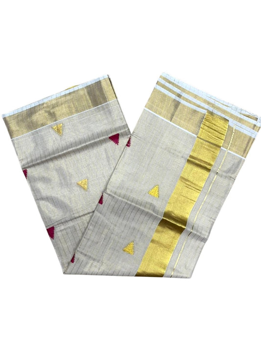 Kerala Tissue Kasavu Stripes Saree with Magenta and Gold Temple Embroidery Design on Body SL432