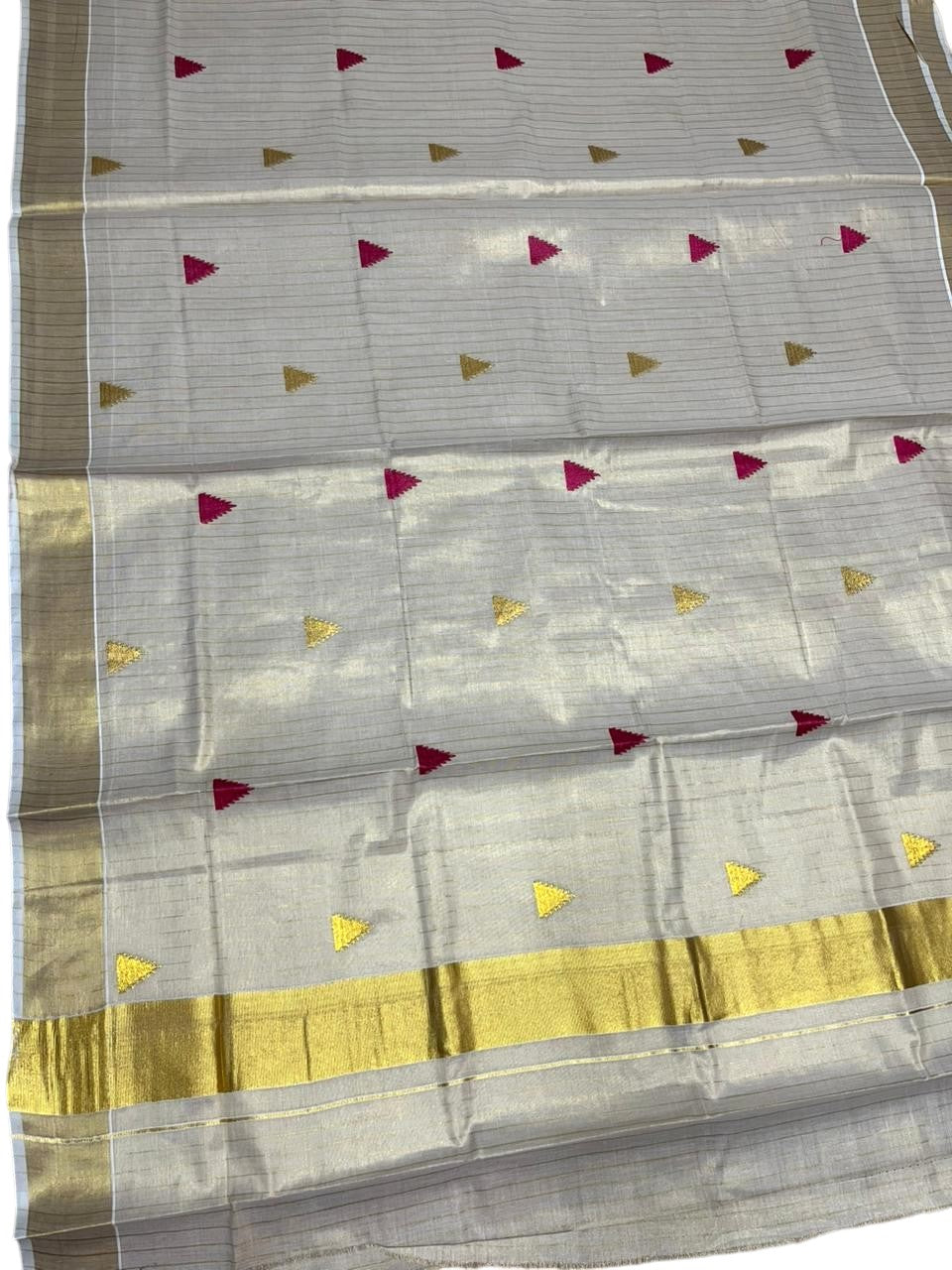 Kerala Tissue Kasavu Stripes Saree with Magenta and Gold Temple Embroidery Design on Body SL432