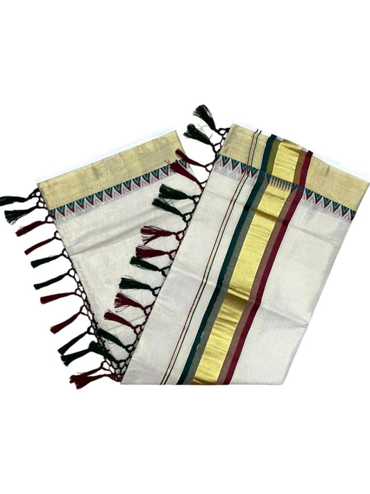 Southloom Kerala Tissue Kasavu Saree With Maroon & Green Temple Woven Works on Border With Tussles SL433