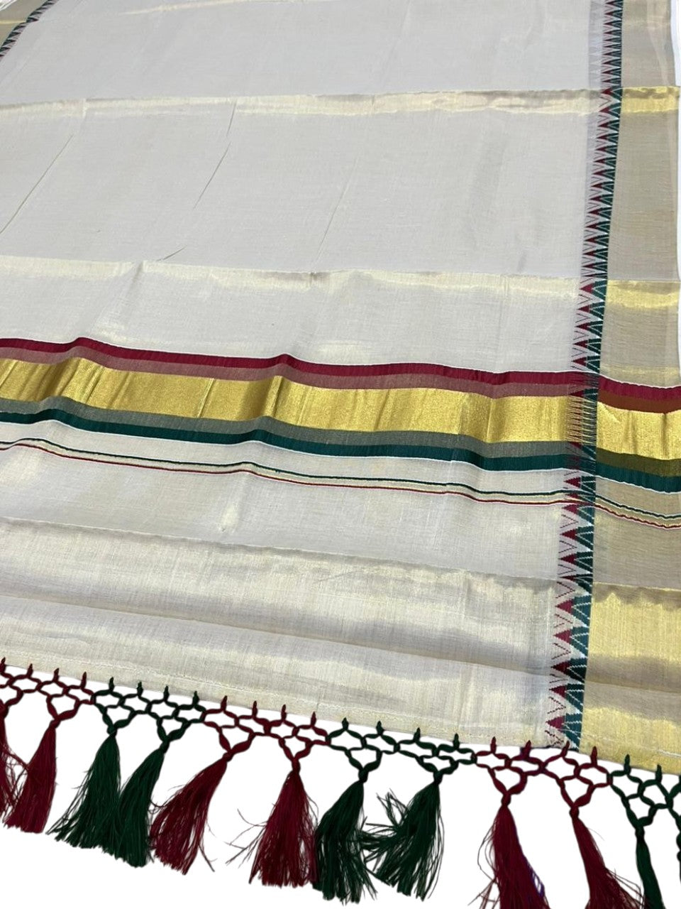 Southloom Kerala Tissue Kasavu Saree With Maroon & Green Temple Woven Works on Border With Tussles SL433