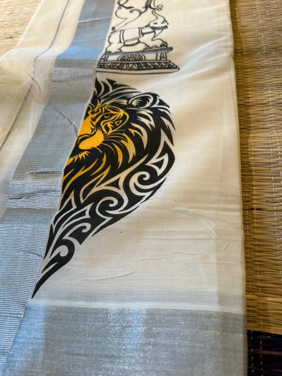 Cotton Lion Printed Silver Kasavu Double Mundu SL0017