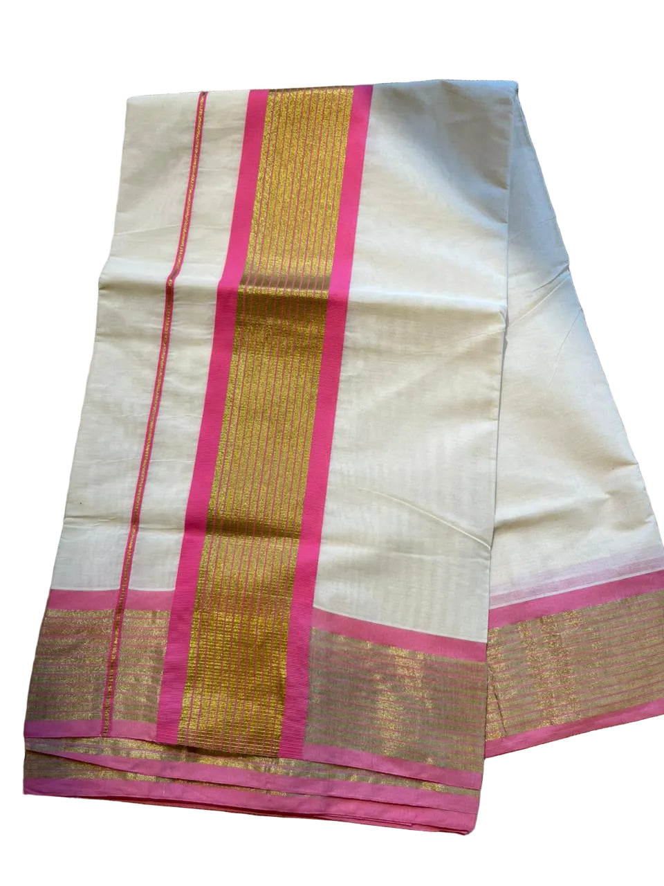 Kerala Cotton Saree With Rani Pink And Gold Lines On Border SL430