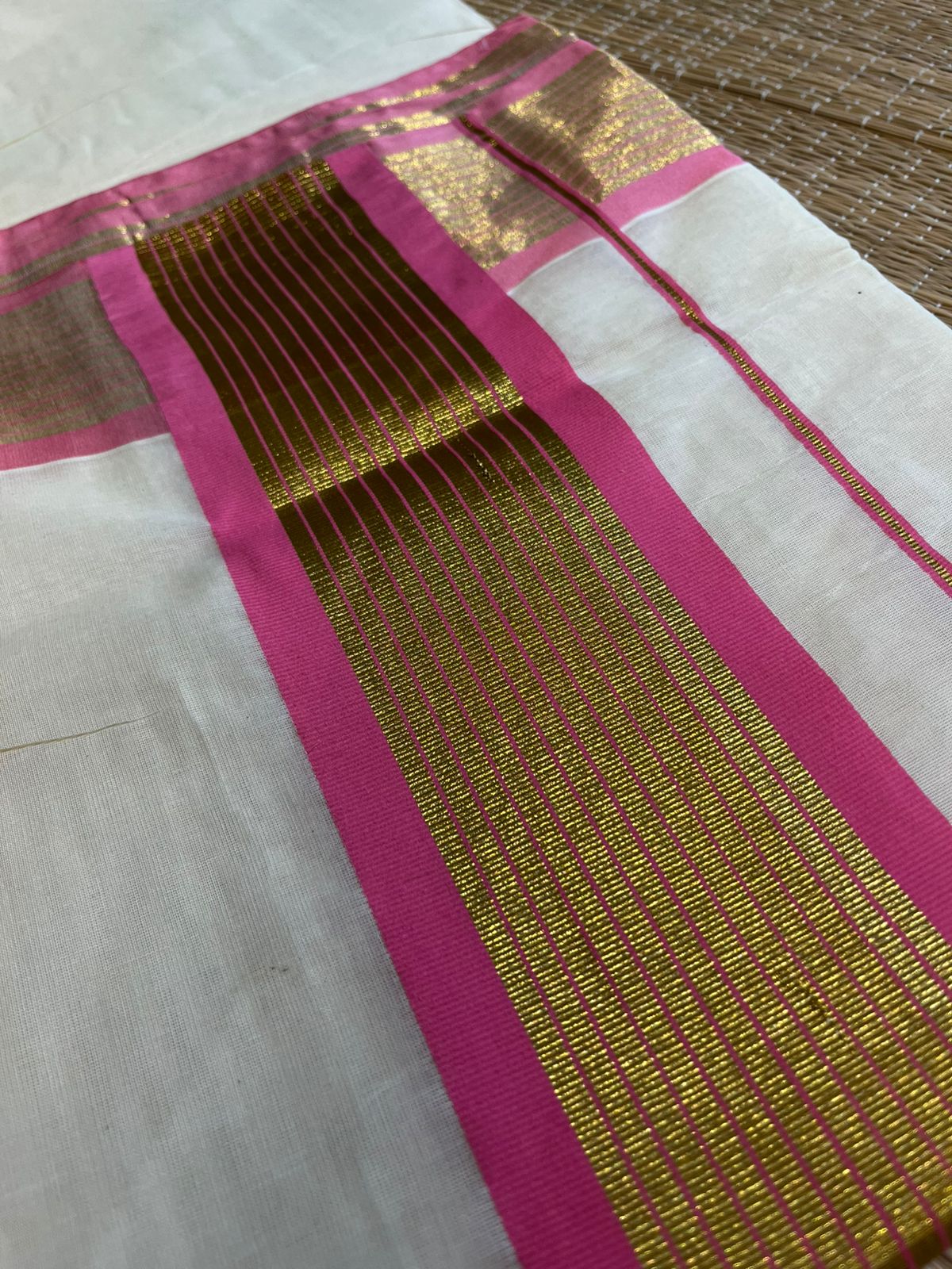 Kerala Cotton Saree With pink And Gold Lines On Border SL430