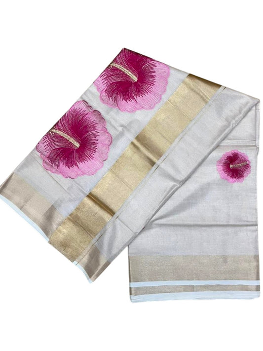 Southloom Kerala Tissue Kasavu Saree with Pink Floral Embroidery Design on Body SL434