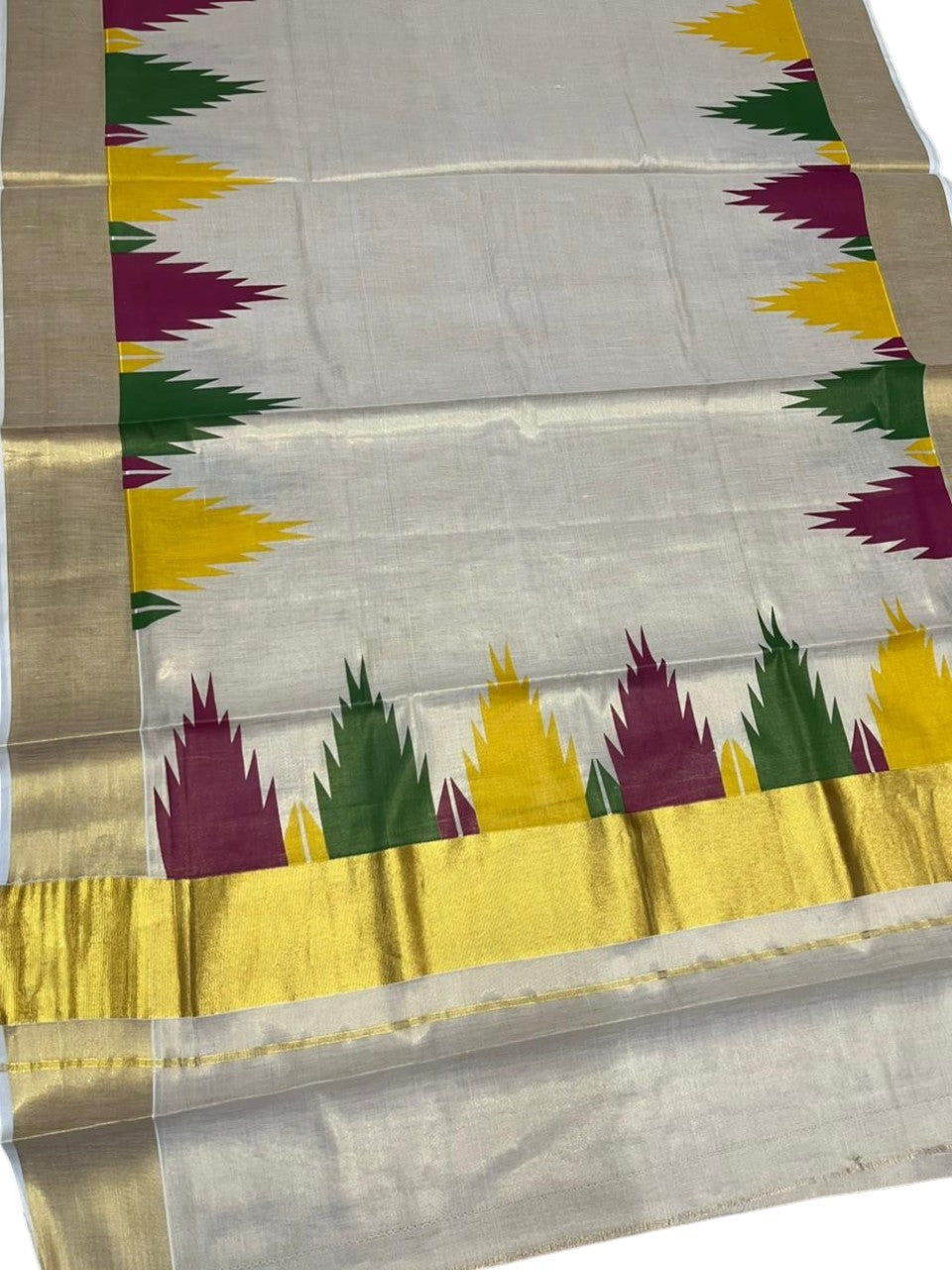 Kerala Tissue Kasavu Saree with Gold Kasavu Border And Temple Digital Print Design on Body SL436