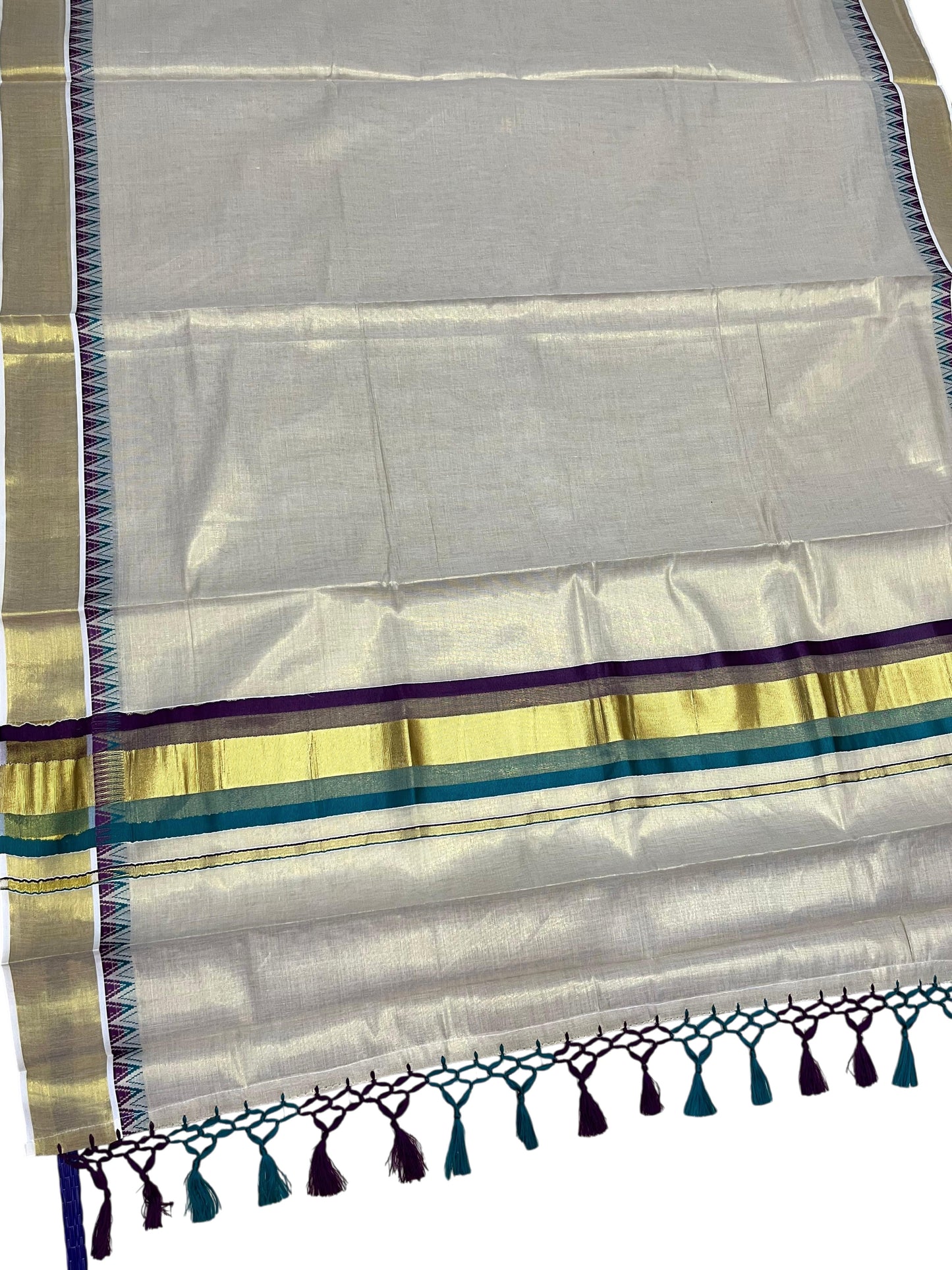 Southloom Kerala Tissue Kasavu Saree With Peacock Blue & Purple Temple Woven Works on Border With Tussles SL433
