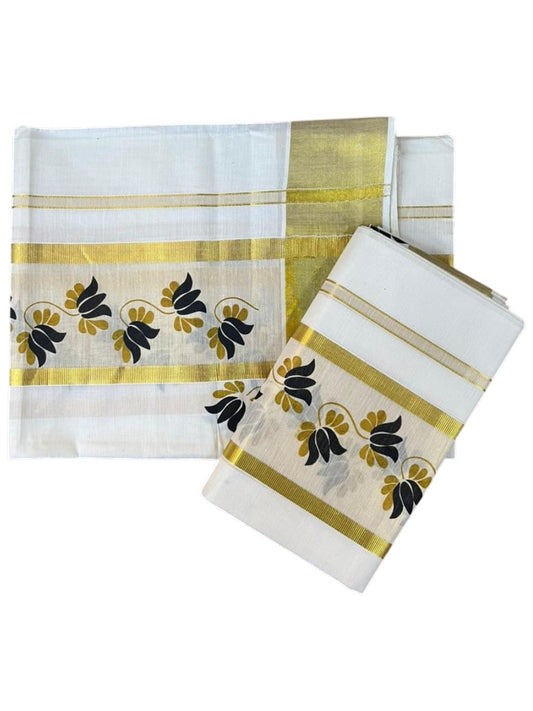 Southloom Cotton Single Set Mundu (Mundu Neriyathum) With Floral Digital Print in Black 2.80 Mtrs SL435