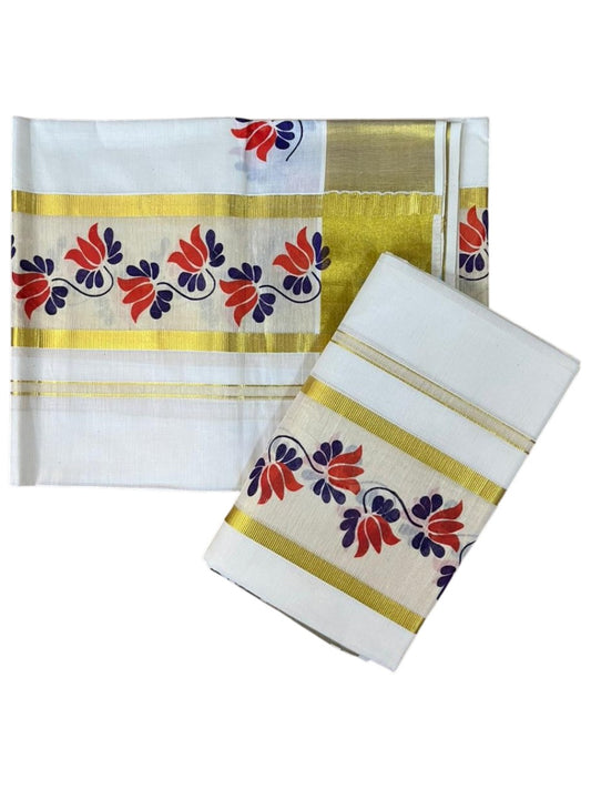 Southloom Cotton Single Set Mundu (Mundu Neriyathum) With Floral Digital Print in Orange 2.80 Mtrs SL435