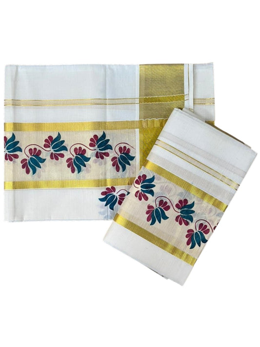 Southloom Cotton Single Set Mundu (Mundu Neriyathum) With Floral Digital Print in Peacock Blue 2.80 Mtrs SL435