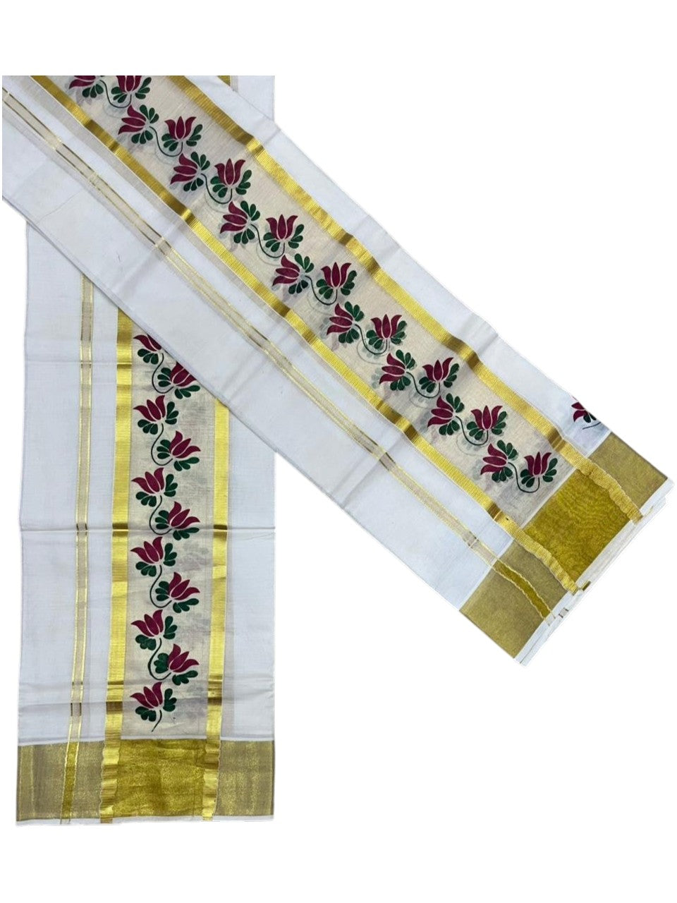 Southloom Cotton Single Set Mundu (Mundu Neriyathum) With Floral Digital Print in Maroon 2.80 Mtrs SL435
