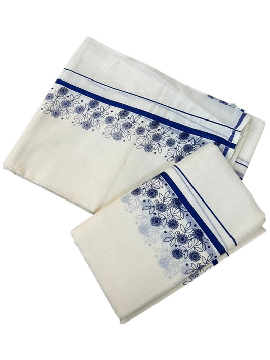 Southloom Cotton Single Set Mundu (Mundu Neriyathum) With Floral Digital Print in Blue 2.80 Mtrs SL440