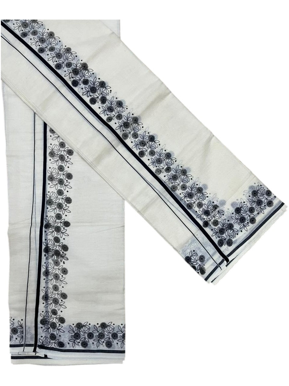 Southloom Cotton Single Set Mundu (Mundu Neriyathum) With Floral Digital Print in Black 2.80 Mtrs SL440