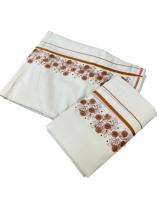 Southloom Cotton Single Set Mundu (Mundu Neriyathum) With Floral Digital Print in Saffron 2.80 Mtrs SL440