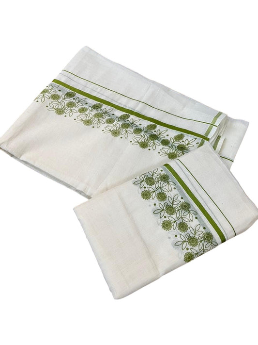 Southloom Cotton Single Set Mundu (Mundu Neriyathum) With Floral Digital Print in Olive Green 2.80 Mtrs SL440