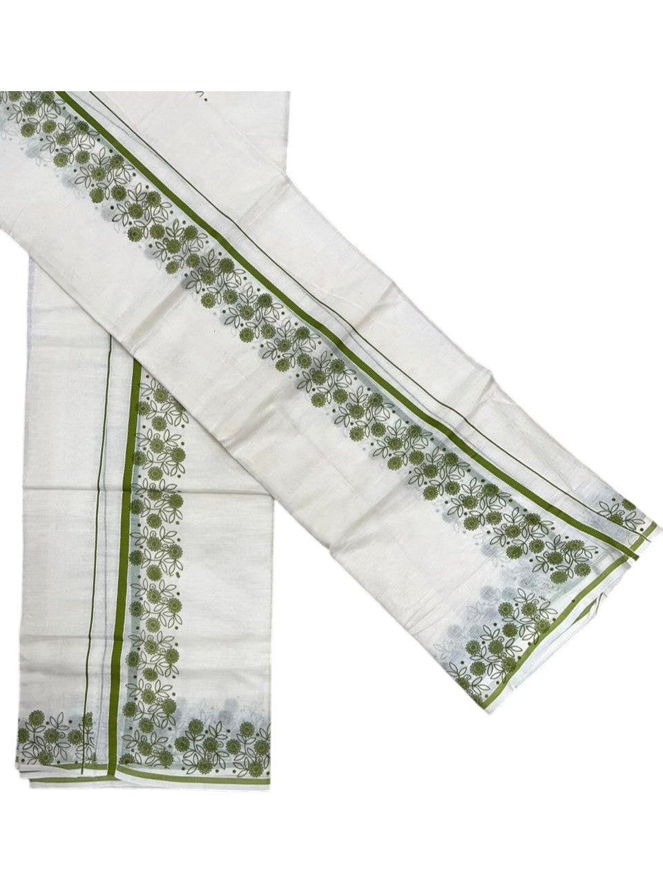 Southloom Cotton Single Set Mundu (Mundu Neriyathum) With Floral Digital Print in Olive Green 2.80 Mtrs SL440
