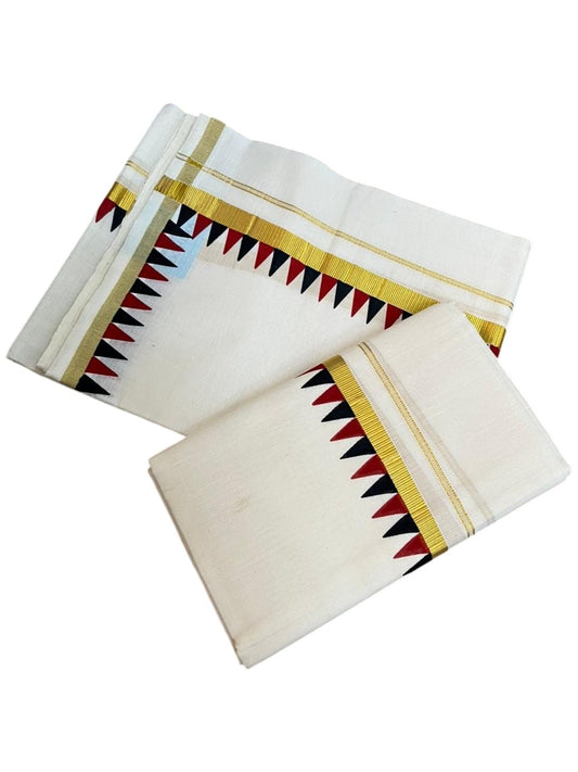 Southloom Cotton Single Kasavu Set Mundu (Mundu Neriyathum) With Red and Black Temple Border 2.80 Mtrs SL442