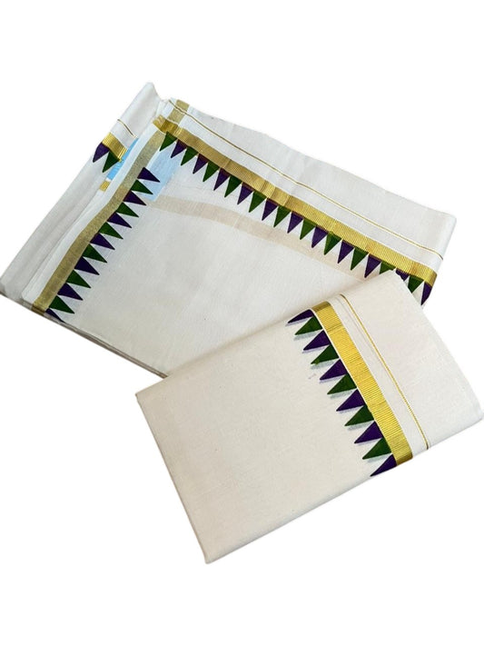 Southloom Cotton Single Kasavu Set Mundu (Mundu Neriyathum) With Violet and Green Temple Border 2.80 Mtrs SL442
