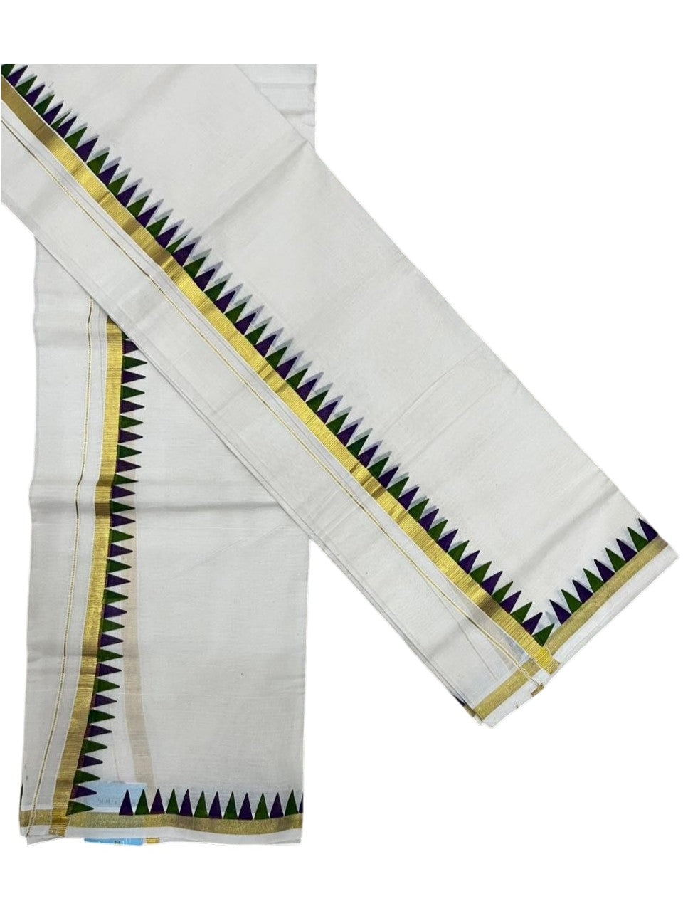 Southloom Cotton Single Kasavu Set Mundu (Mundu Neriyathum) With Violet and Green Temple Border 2.80 Mtrs SL442