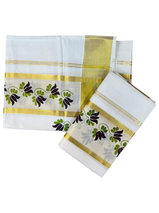 Southloom Cotton Single Set Mundu (Mundu Neriyathum) With Floral Digital Print in Brown 2.80 Mtrs SL435